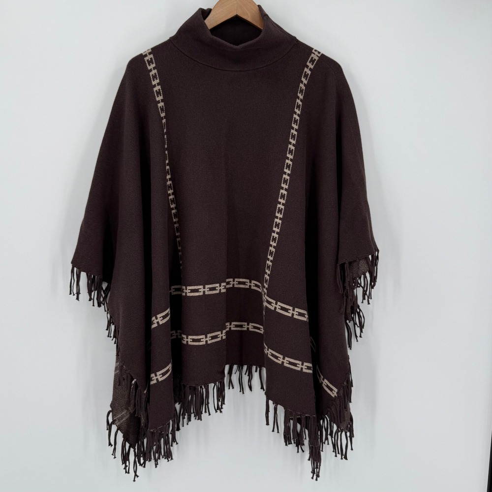 J. McLaughlin Chain Trim Fringe Poncho‎ Sweater One Size Brown Metallic